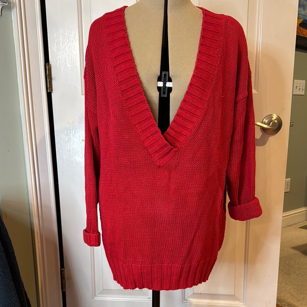 VINTAGE 80’s Oversize Cozy Red V-Neck Sweater, shoulder pads, sz S, Ramie/Cotton